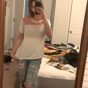 Pink/white large shirt from Old Navy. It’s a soft cotton material, super comfy!